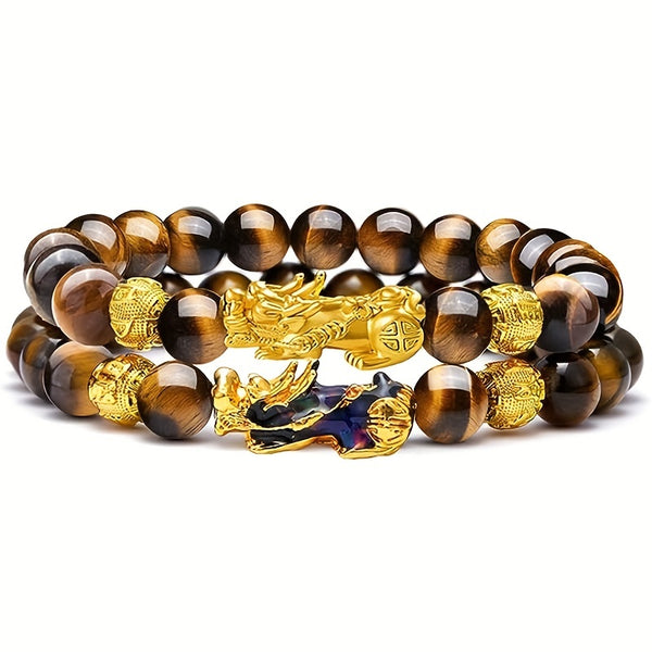 2pcs Good Luck Bracelets, Natural Tiger Eye Stone Pixiu Charm Bracelet, For Men