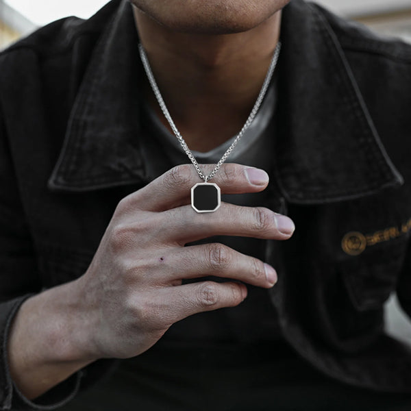 Vnox Geometric Square Necklaces for Men, Enamel Square Pendant with Rope Cuban Figaro Box Chain, Casual Vintage Cool Collar