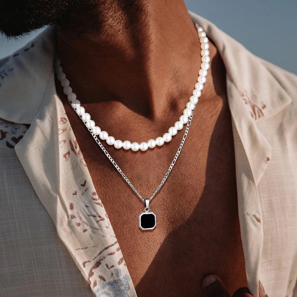 Vnox 2pcs Necklaces Set for Men, Geometric Square Pendant with 55cm Rope Box Cuban Chain, Simulated Pearl Chain Steel Collar