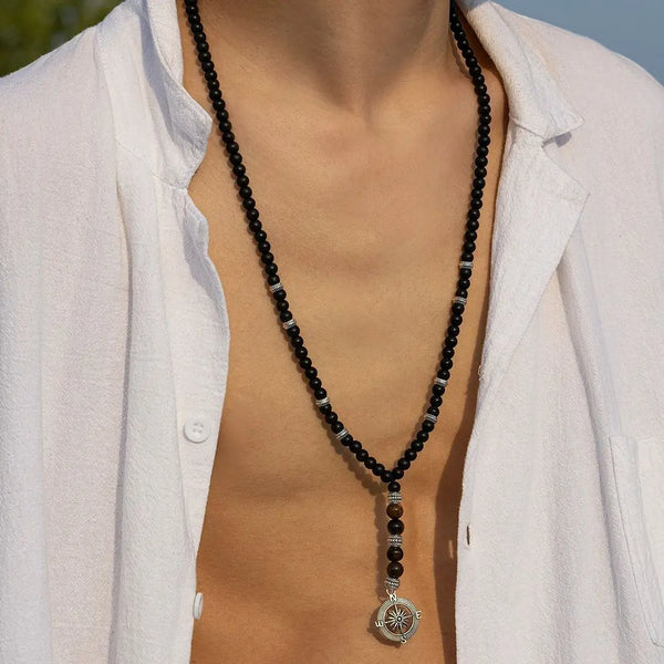 Vintage Black Beaded Chain Compass Long Pendant Necklace for Men Tiger Stone Beads Tassels Collar on the Neck Male Jewelry Gifts