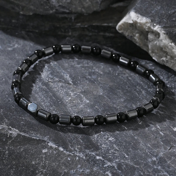 1PC New Retro Bohemian Style Black Glass Round Bead Cylindrical Black Gallstone Men's Beaded Bracelet