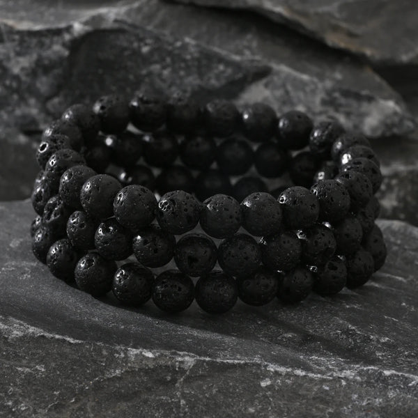 3PCS fashionable retro black volcanic stone bead men's set elastic bracelet suitable for daily wear