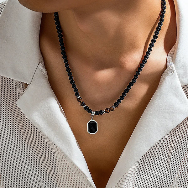 Black Beads with Square Pendant Necklace for Men Trendy Accessories on the Neck Collar 2024 Fashion Jewelry Male Gift Decoration