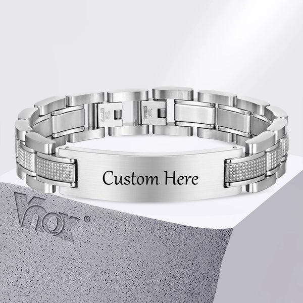 Vnox Customized Luxury Watch Band Bracelet for Men, Free Personalized Black Silver Color Stainless Steel Chunky Wristband Gift