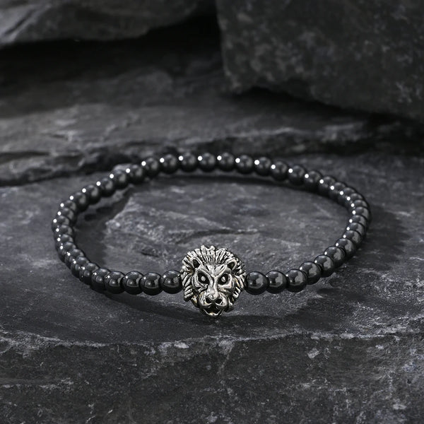 1PC Surfer Fashion Men's Jewelry 2024 New Hematite Stone Ball Beaded Bracelets Stack Lion Head Protection Trendy Chain ﻿