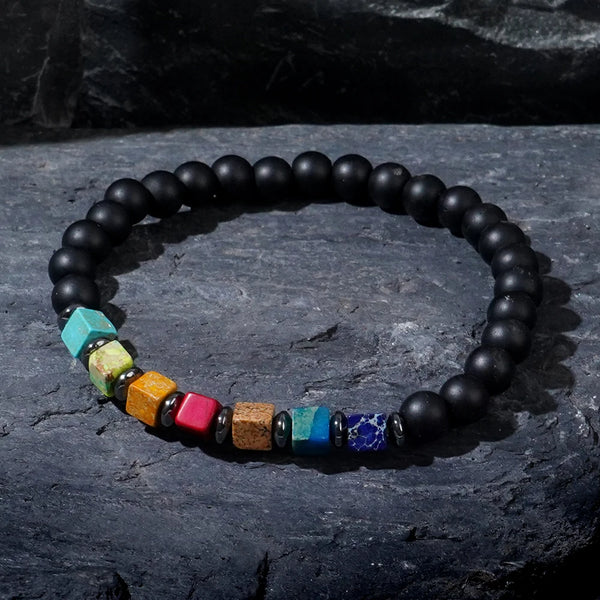 1PC Retro Pulse Colored Emperor Stone Black Glass Agate Beaded Boys Fashion Bracelet Holiday Party Gift