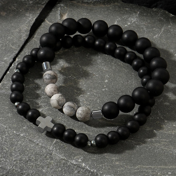 2PCS Vintage Jewelry Iron Gallstone Cross Cylindrical Map Stone Matte Black Agate Men's Beaded Bracelet