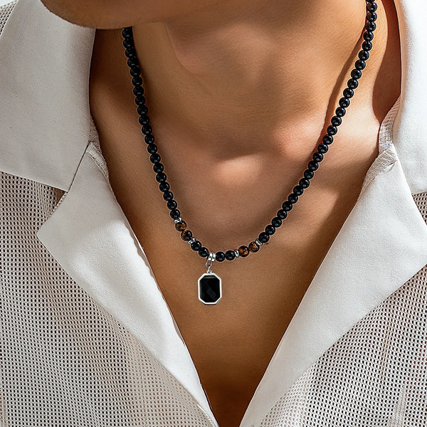 Salircon Simple Black Tiger Stone Beaded Clavicle Necklace Punk Geometric Stainless Steel Pendant Choker For Men Casual Jewelry