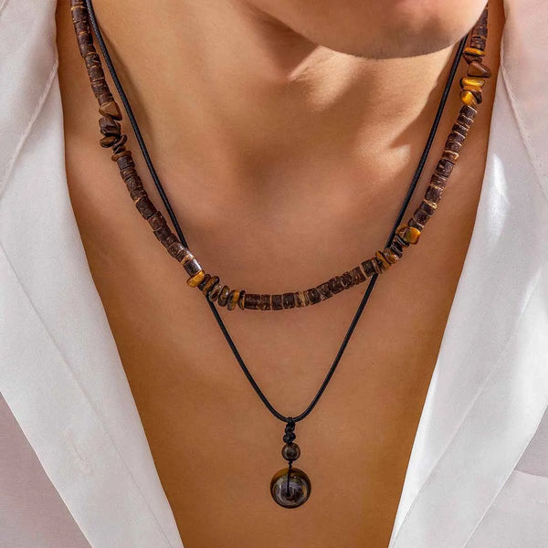 Stone and Wood Bead Chain with Ball Pendant Necklace for Men Trendy Accessories on the Neck Male 2023 Fashion Jewelry Decoration