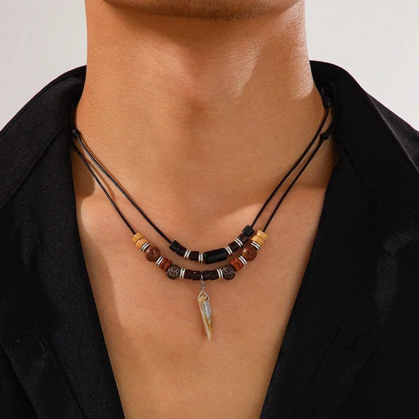 SHIXIN 2Pcs/Set Vintage Wolf Tooth Pendant Necklace for Men Simple Wood Beads Choker Adjustable Leather Rope Chain Neck Jewelry