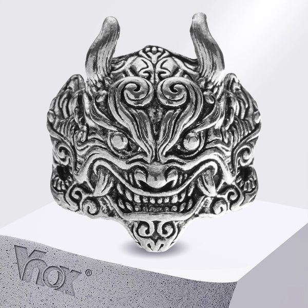 Vnox Mens Punk Chinese Dragon Head Rings, Ethnic Chinese Tutelary Lucky Dragon Finger Band, Rock Hippie Jewelry Gift