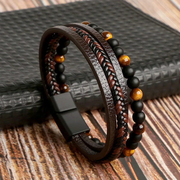 High Quality Leather Bracelet Men Classic Fashion Tiger Eye Beaded Multi Layer Leather Bracelet for Men Charm Jewelry Gift