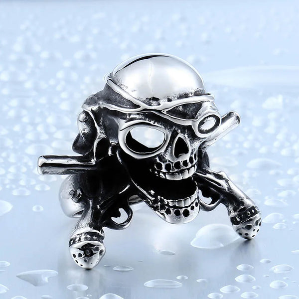 European And American Creative Retro Personality Musket One Eyed Handmade Street Hip-Hop Pirate Skull Ring For Men Jewelry