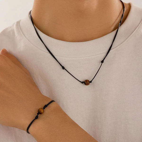 SHIXIN 2Pcs Natural Tiger Eye Stone Bead Necklace Bracelet Set for Men Vintage Leather Wax Thread Choker Bangles Jewelry Set New