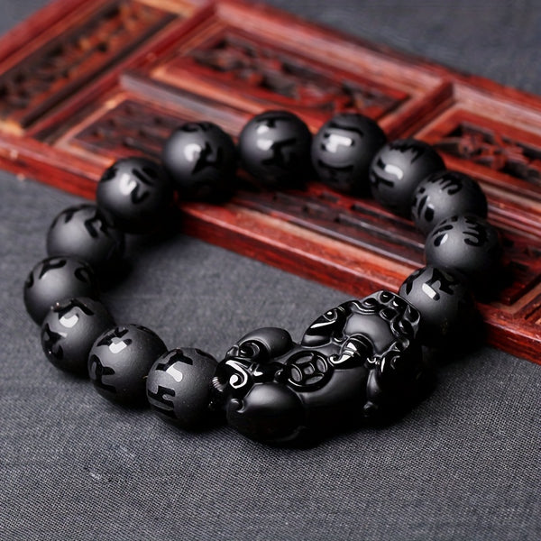 Obsidian Pixiu Six Word Motto Bracelet For Men's Frosted Six Word Truth Buddha Beads Bracelet Crystal Buddha Beads Single Loop Jewelry Bracelet